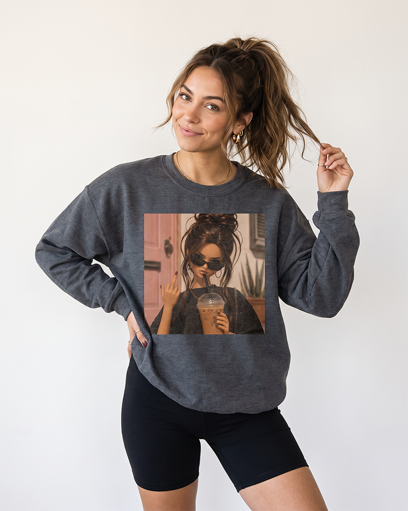 Woman wearing charcoal iced coffee and attitude sweatshirt with biker shorts