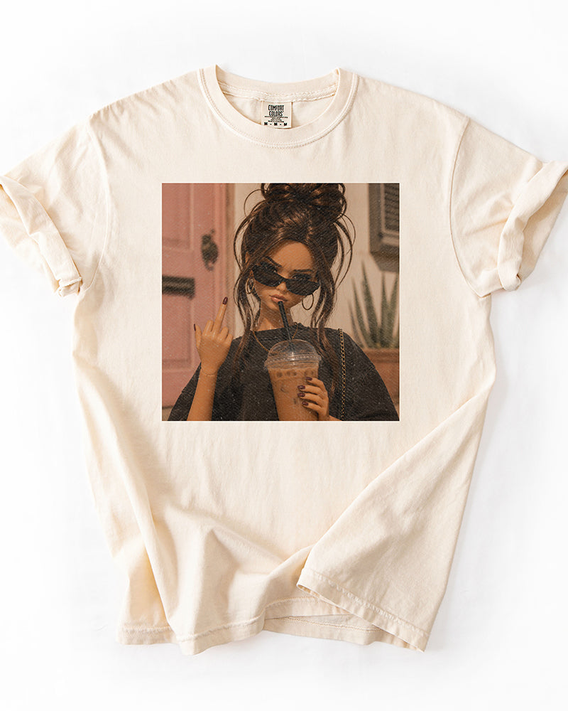 Ivory iced coffee and attitude graphic tee with retro photo print