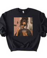 Black iced coffee graphic crewneck sweatshirt with retro photo design