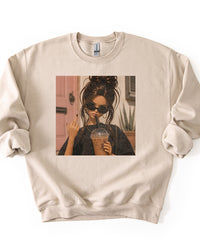 Sand iced coffee and attitude crewneck sweatshirt with retro photo graphic
