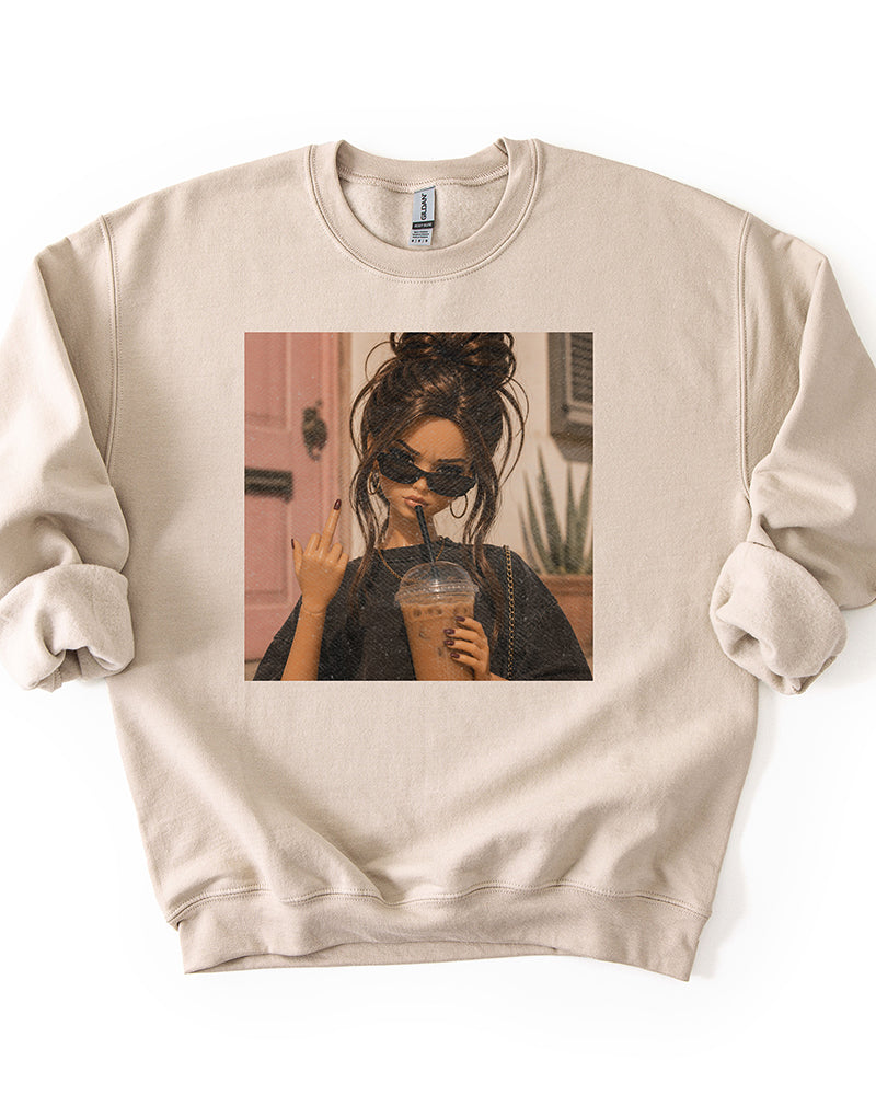 Sand iced coffee and attitude crewneck sweatshirt with retro photo graphic