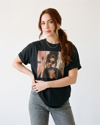 Woman wearing black iced coffee and attitude graphic t-shirt