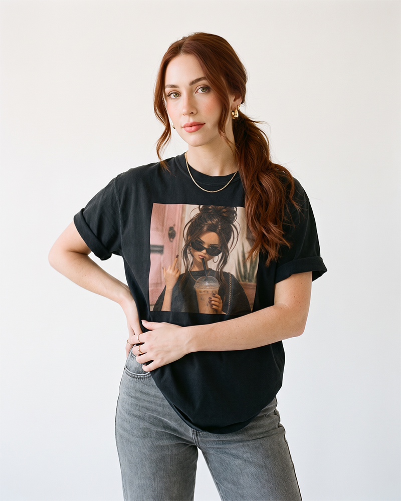 Woman wearing black iced coffee and attitude graphic t-shirt
