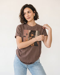 Woman wearing espresso brown iced coffee graphic tee