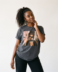 Woman wearing graphite iced coffee and attitude graphic t-shirt