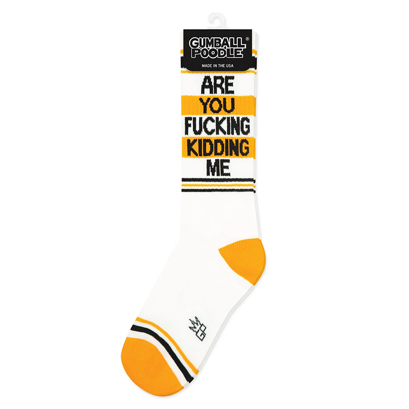 Are You Fucking Kidding Me unisex gym sock in white with orange heel and toe, black lettering and retro athletic stripes in retail packaging