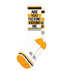 Are You Fucking Kidding Me mid calf gym socks featuring black text, orange stripe accents, orange heels and toes on white cotton