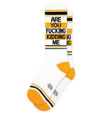 Are You Fucking Kidding Me mid calf gym socks featuring black text, orange stripe accents, orange heels and toes on white cotton