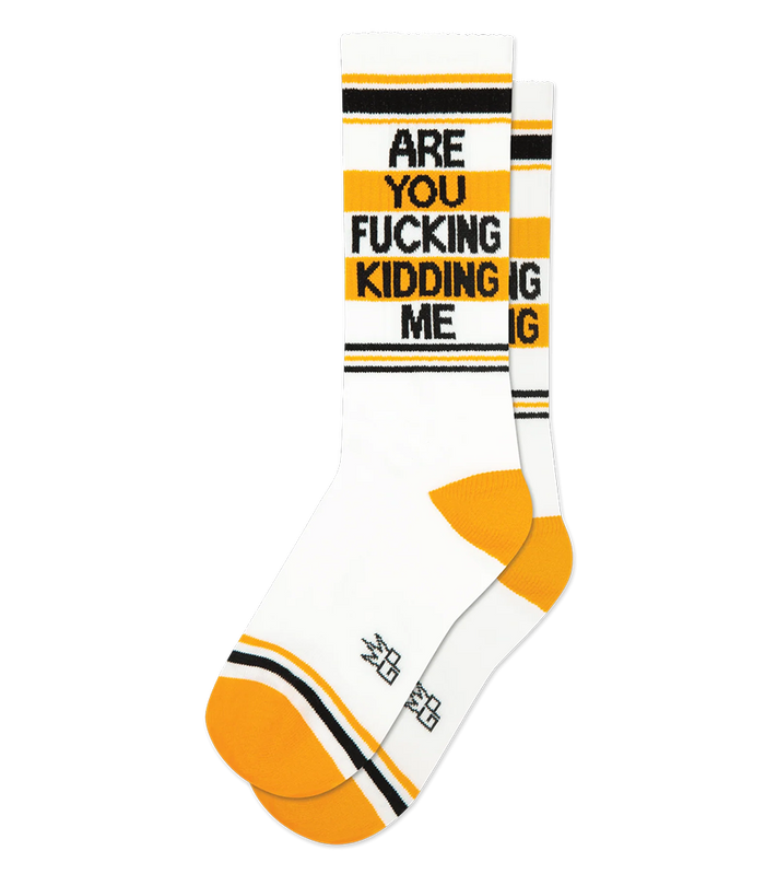 Are You Fucking Kidding Me mid calf gym socks featuring black text, orange stripe accents, orange heels and toes on white cotton