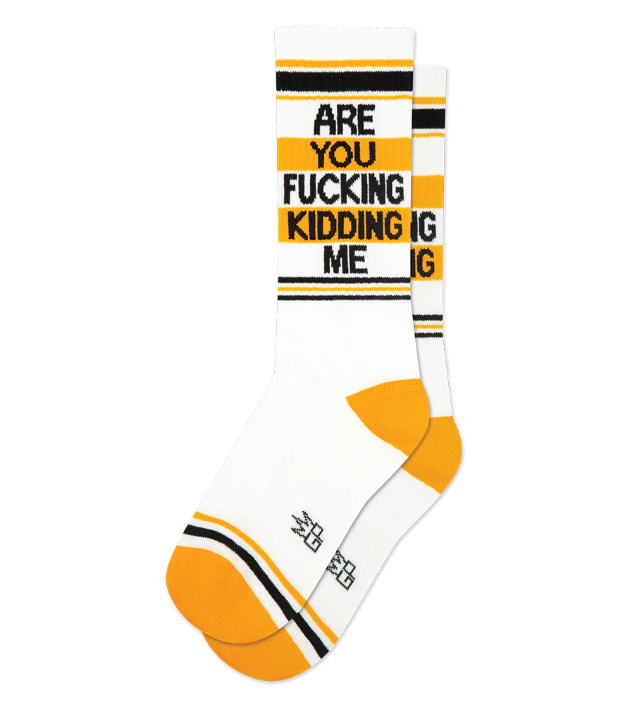 Are You Fucking Kidding Me mid calf gym socks featuring black text, orange stripe accents, orange heels and toes on white cotton