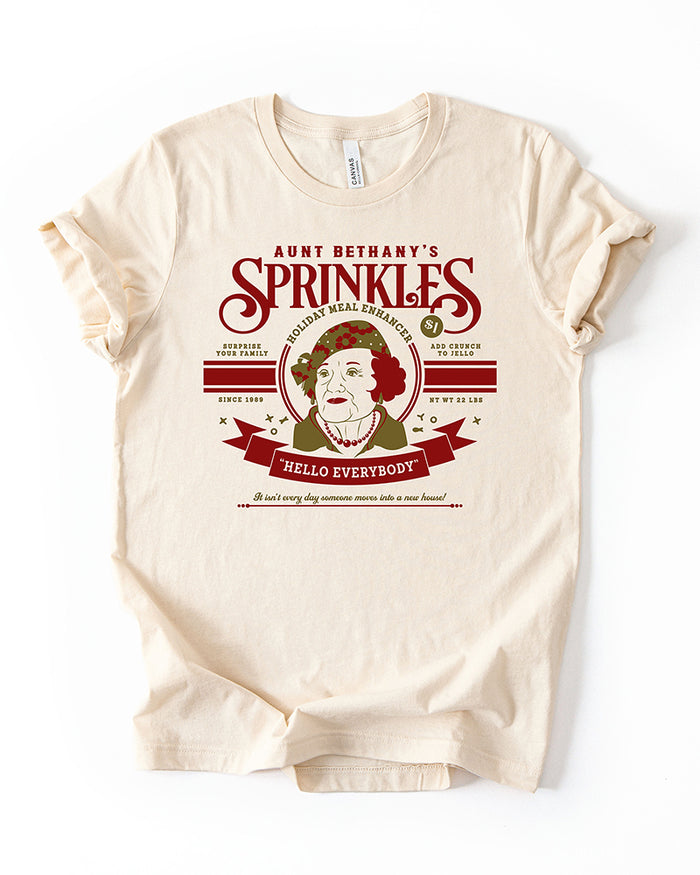 Natural Aunt Bethany Sprinkles lightweight Christmas tee with vintage red and olive holiday graphic