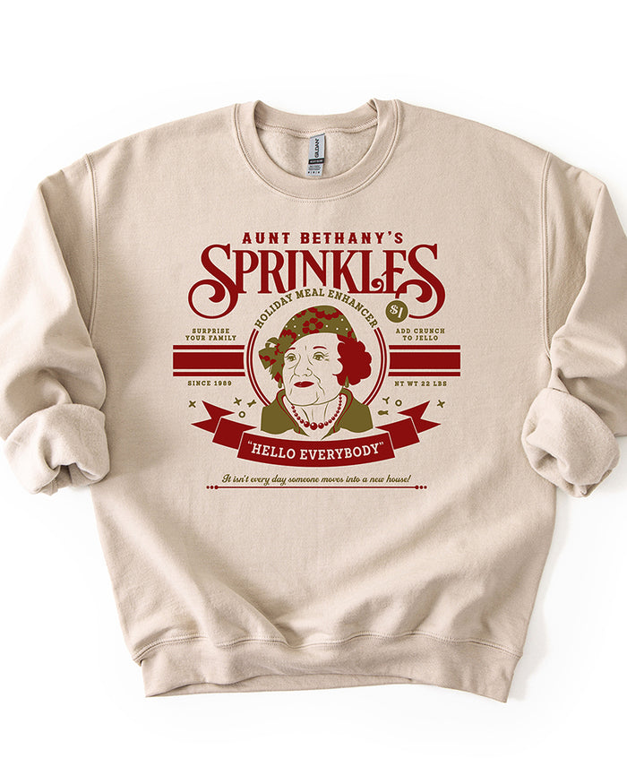 Sand Aunt Bethany Sprinkles Christmas sweatshirt with red and olive vintage graphic