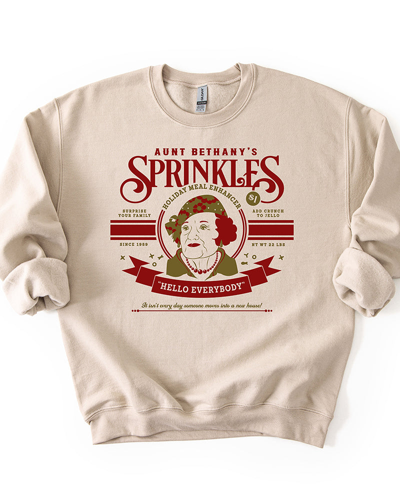 Sand Aunt Bethany Sprinkles Christmas sweatshirt with red and olive vintage graphic
