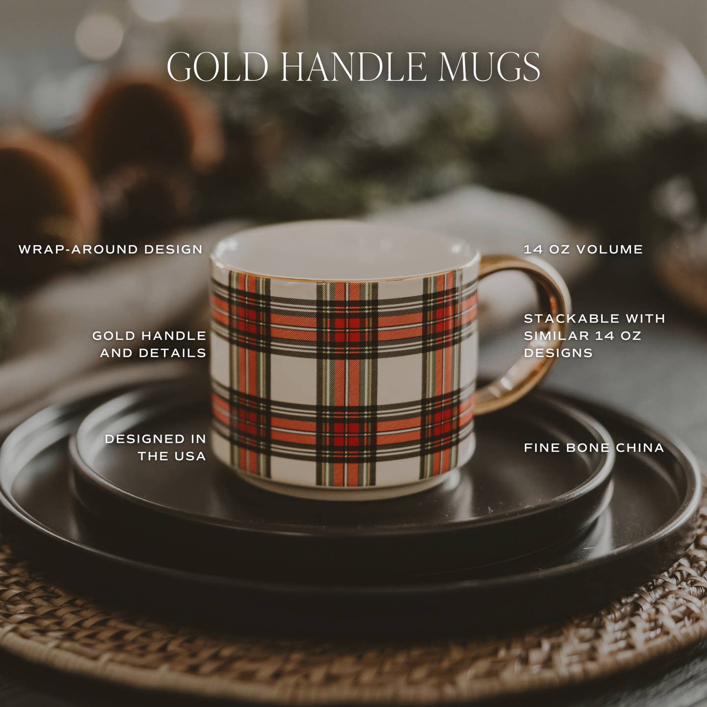 Green Stripe 14oz Mug – Holiday Coffee Mug with Gold Handle | Christmas Gift