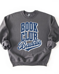 Charcoal Book Club Baddie crewneck sweatshirt with navy graphic