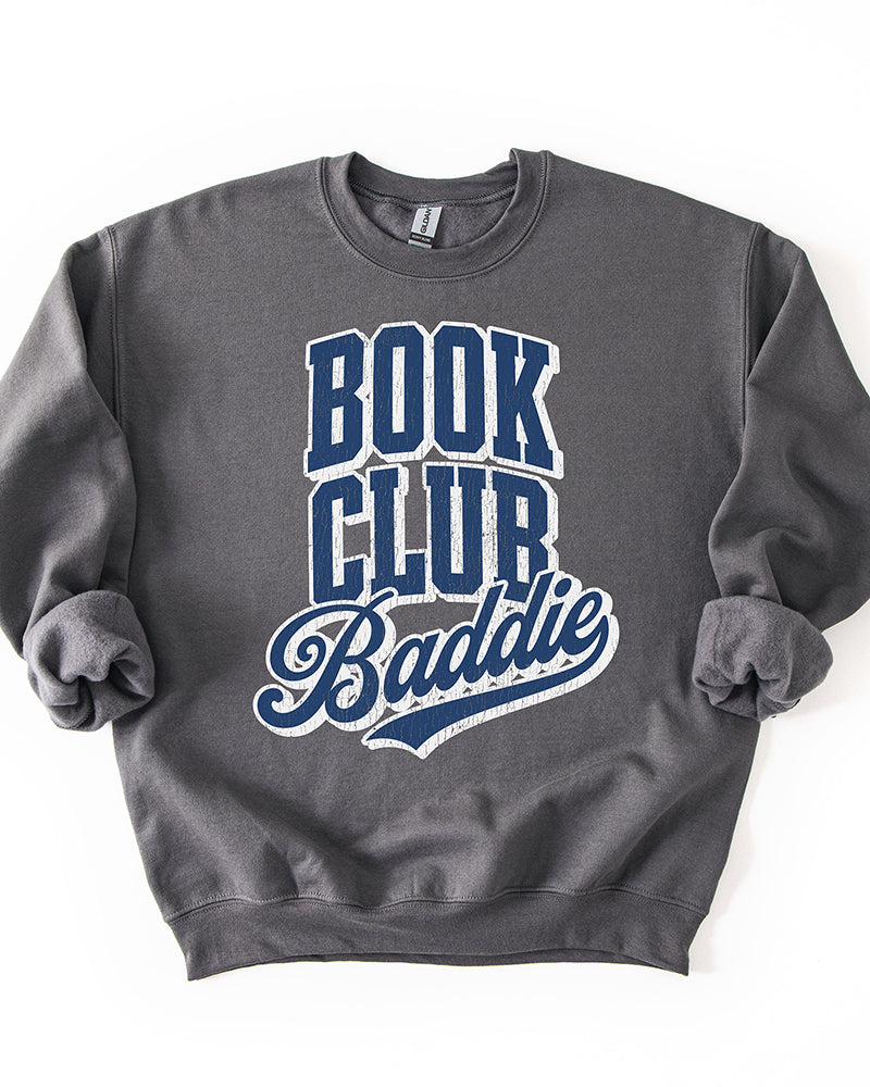 Charcoal Book Club Baddie crewneck sweatshirt with navy graphic