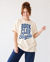 Woman wearing oversized ivory Book Club Baddie heavyweight tee