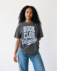 Woman wearing pepper Book Club Baddie vintage collegiate t-shirt