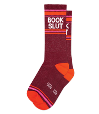 Book Slut mid-calf socks in heathered crimson with bright orange toes and retro pink stripes