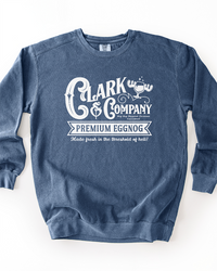 Denim blue heavyweight crewneck sweatshirt with white Clark & Company Premium Eggnog graphic inspired by Christmas Vacation.