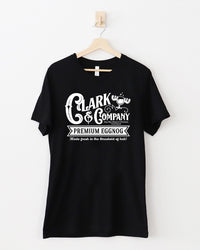 Black Clark & Company Premium Eggnog lightweight Christmas t-shirt with vintage white graphic and moose-shaped eggnog glass.