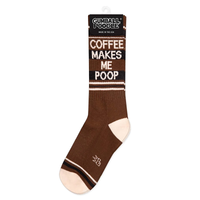 Coffee Makes Me Poop brown gym sock with cream lettering, striped design and retail packaging