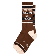 Pair of Coffee Makes Me Poop brown crew socks with black stripes and cream heels and toes
