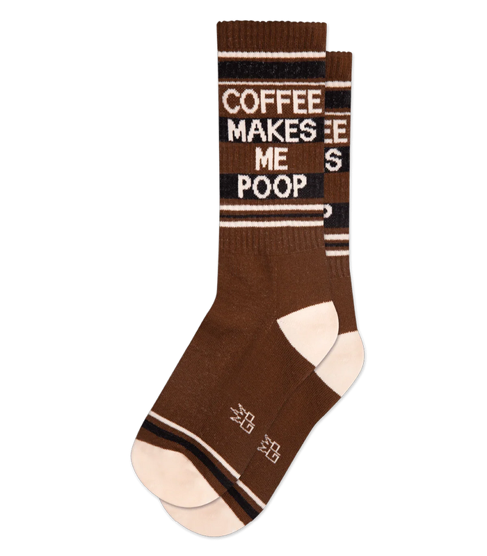 Pair of Coffee Makes Me Poop brown crew socks with black stripes and cream heels and toes