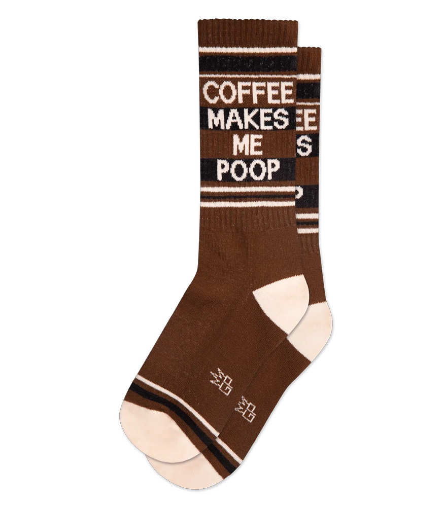 Pair of Coffee Makes Me Poop brown crew socks with black stripes and cream heels and toes