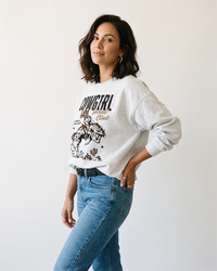 Cowgirl Social Club ash crewneck sweatshirt styled with denim and vintage Western cowgirl graphic