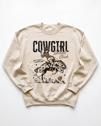 Sand Cowgirl Social Club crewneck sweatshirt with vintage Western cowgirl and bronc graphic