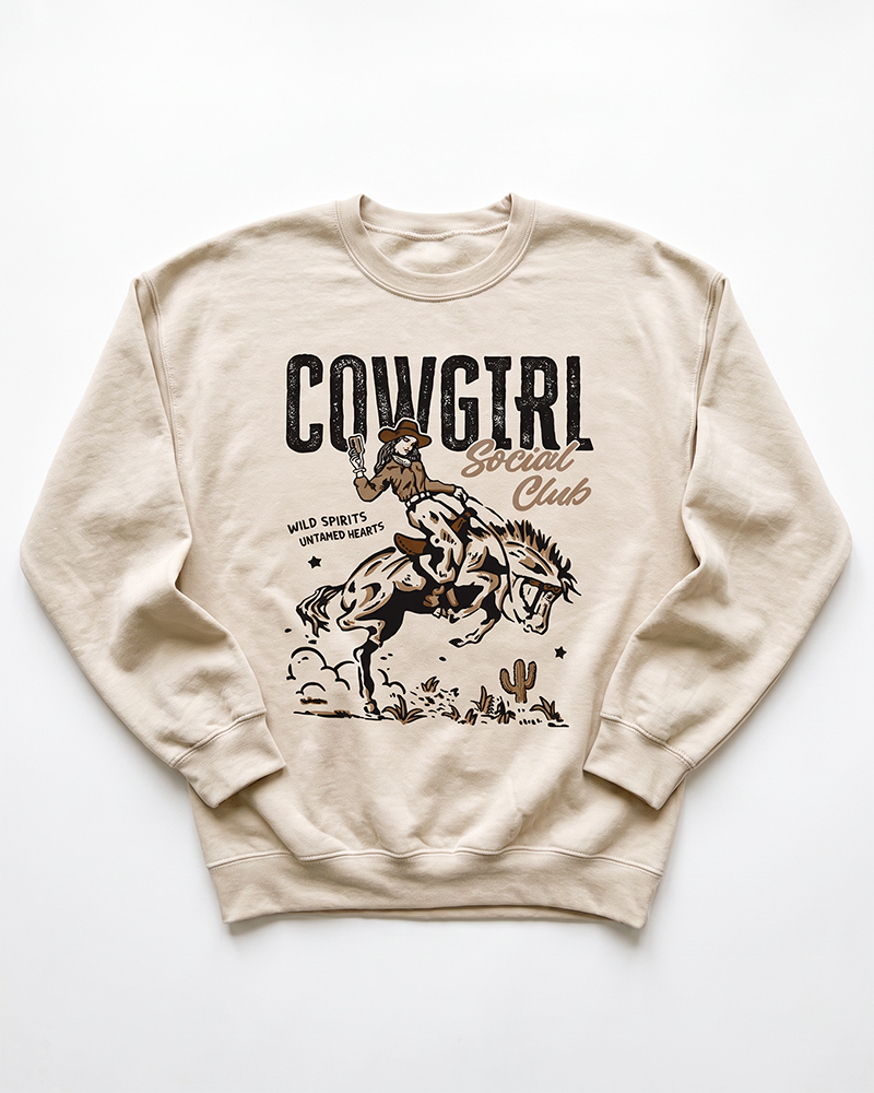 Sand Cowgirl Social Club crewneck sweatshirt with vintage Western cowgirl and bronc graphic