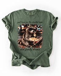 Hemp green Comfort Colors tee with funny Thanksgiving raccoon graphic, deviled eggs illustration, and black script lettering.