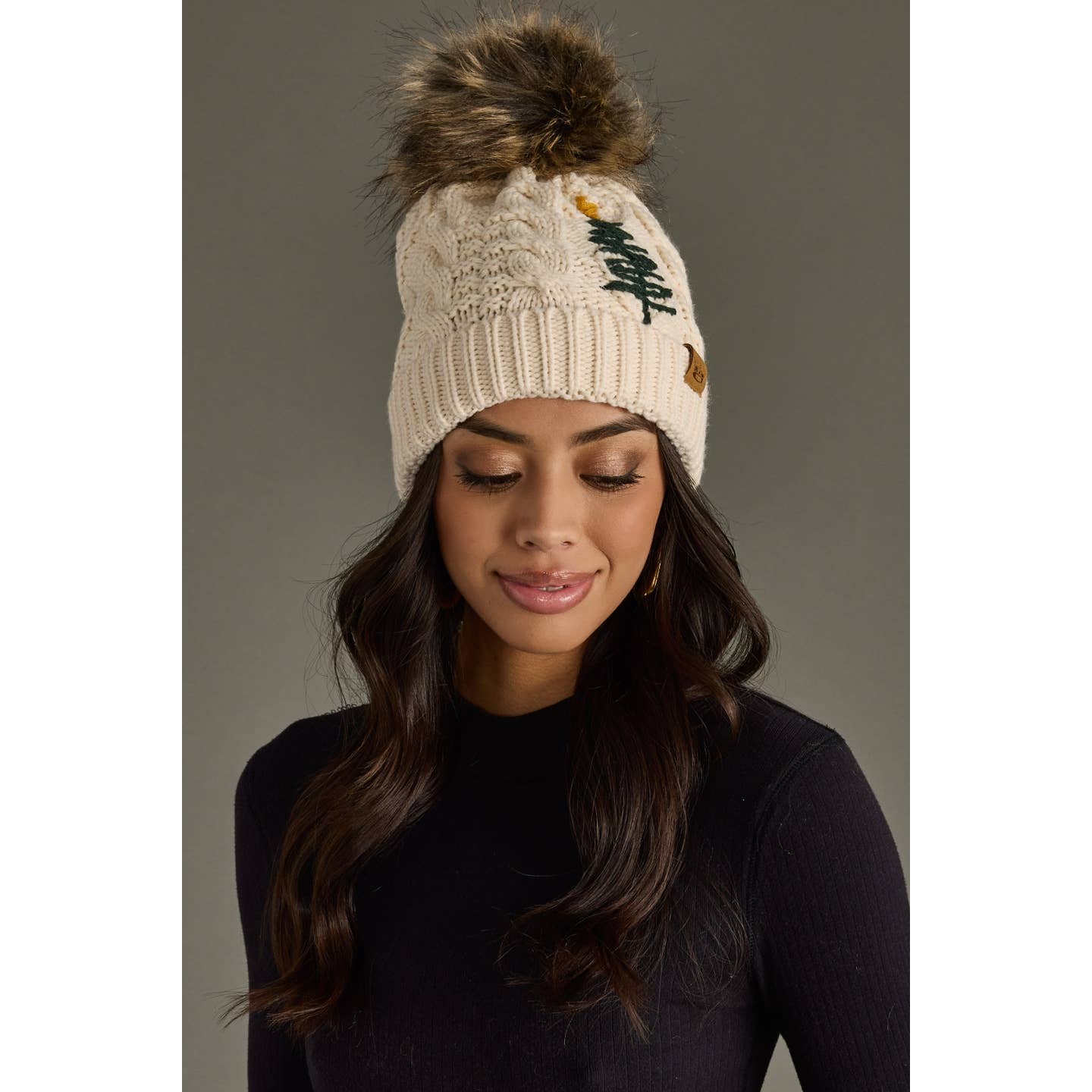 Beige Cable Knit Christmas Tree Pom Hat – Fleece Lined Winter Beanie