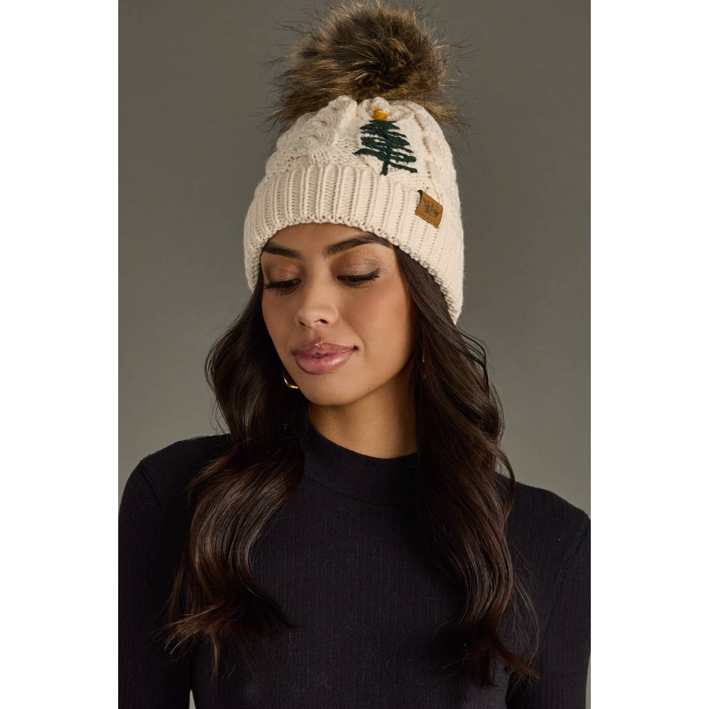 Beige Cable Knit Christmas Tree Pom Hat – Fleece Lined Winter Beanie