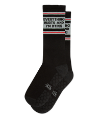 Everything Hurts and I'm Dying black grip socks with woven-in grip yarn and gray toe accents