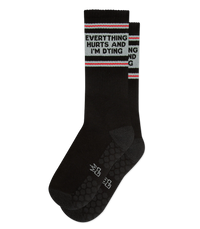 Everything Hurts and I'm Dying black grip socks with woven-in grip yarn and gray toe accents