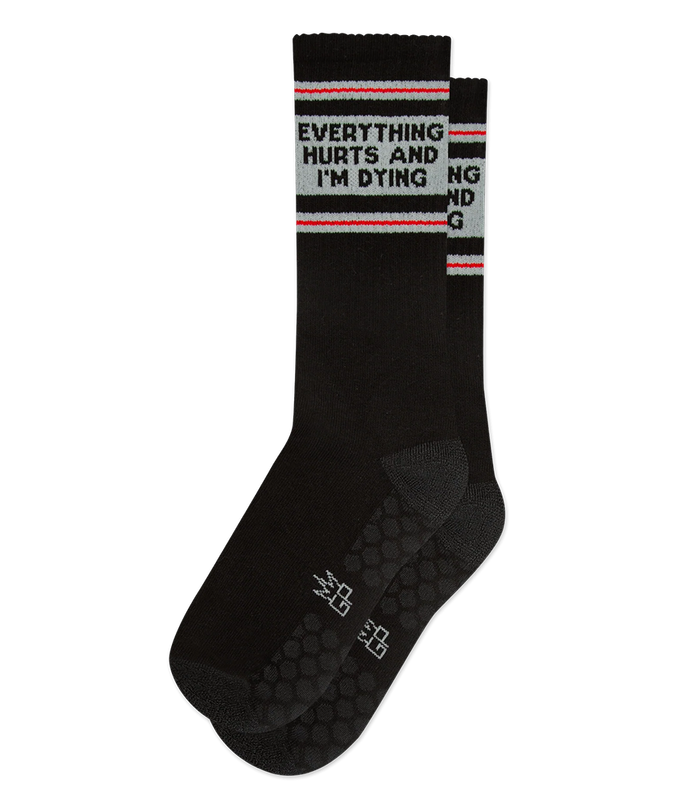 Everything Hurts and I'm Dying black grip socks with woven-in grip yarn and gray toe accents