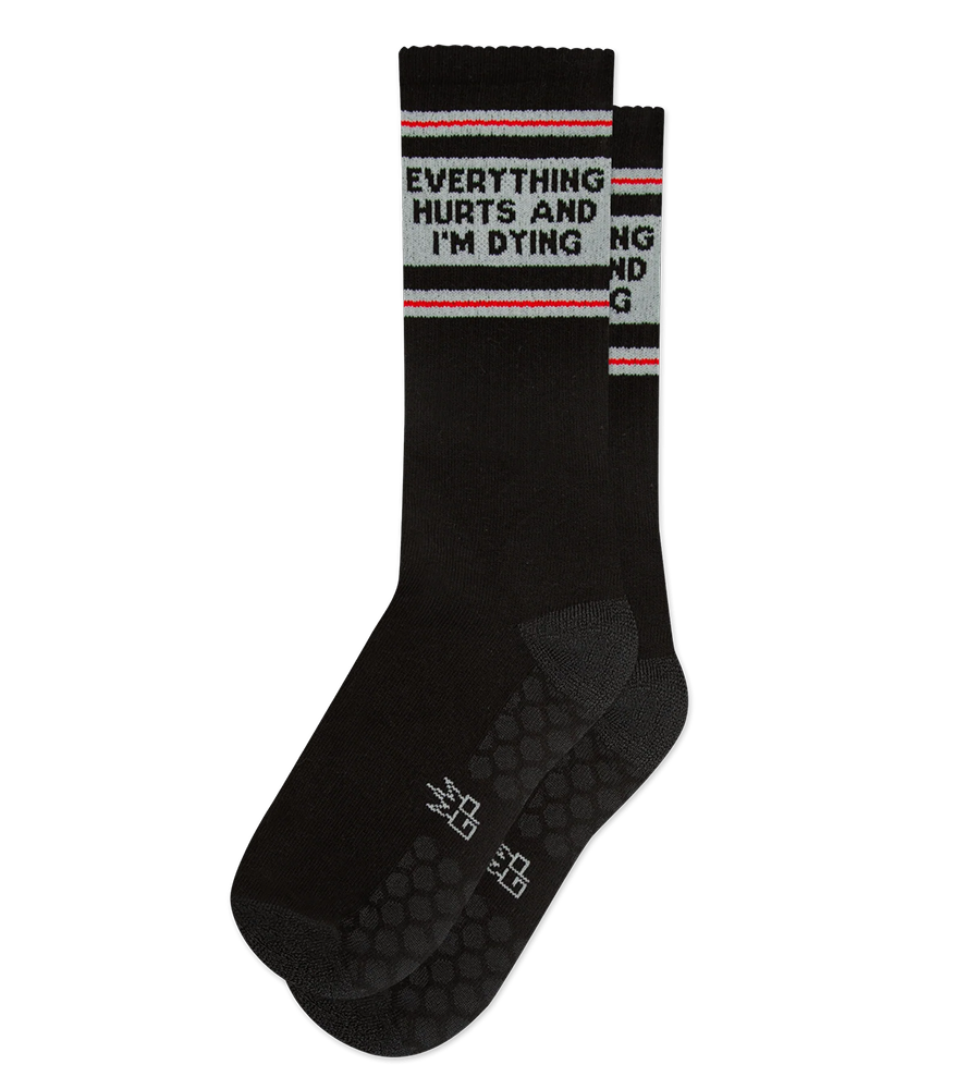Everything Hurts and I'm Dying black grip socks with woven-in grip yarn and gray toe accents