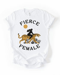 White Fierce Female lightweight graphic tee with woman riding tiger illustration