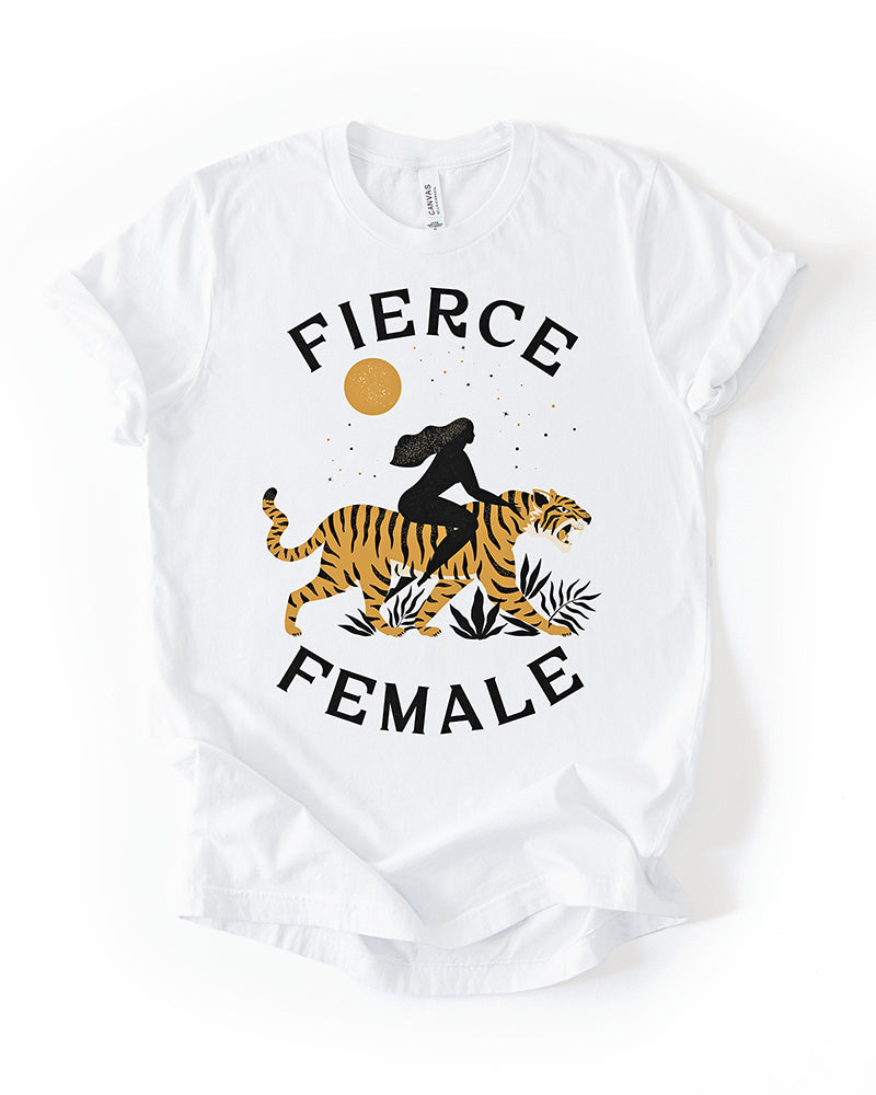 White Fierce Female lightweight graphic tee with woman riding tiger illustration