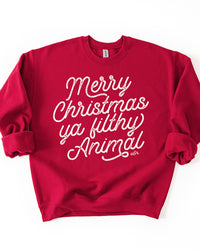 Cardinal red Merry Christmas Ya Filthy Animal Christmas graphic crewneck sweatshirt