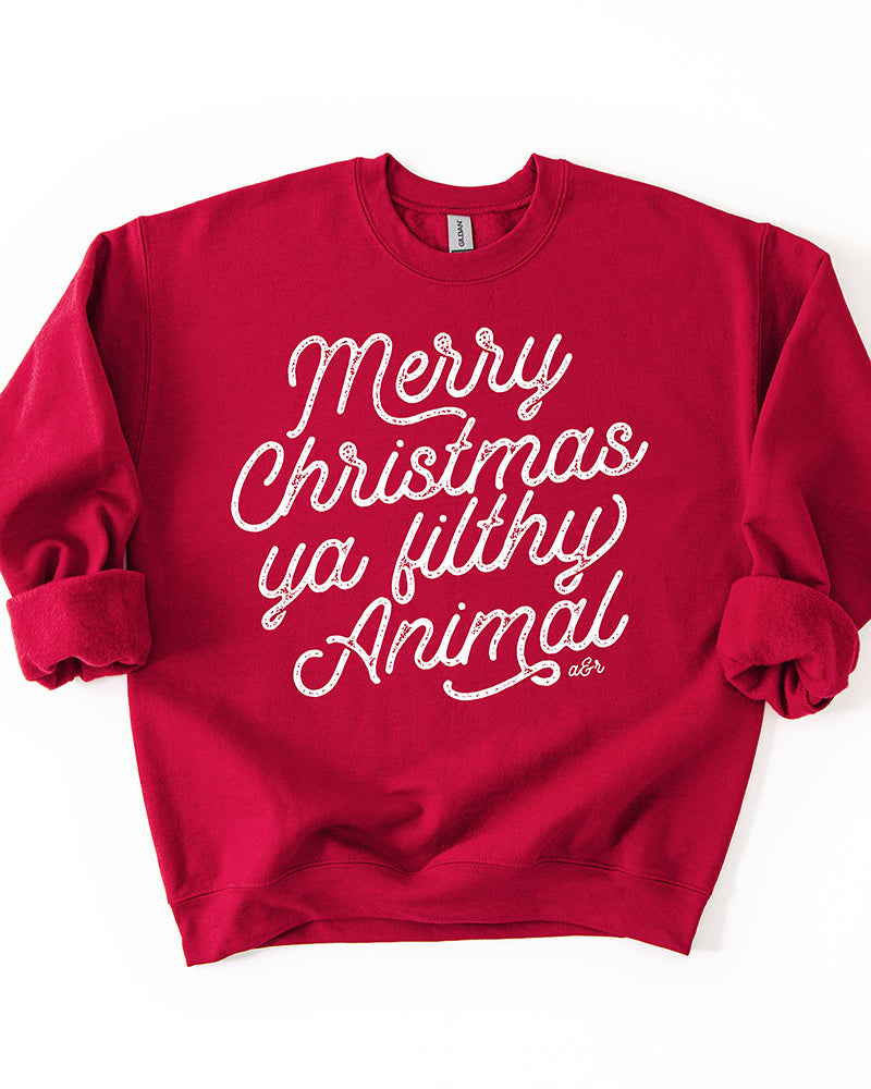 Cardinal red Merry Christmas Ya Filthy Animal Christmas graphic crewneck sweatshirt