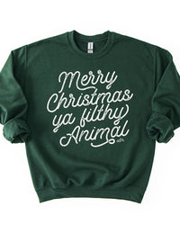 Forest green Merry Christmas Ya Filthy Animal Christmas crewneck sweatshirt with white graphic