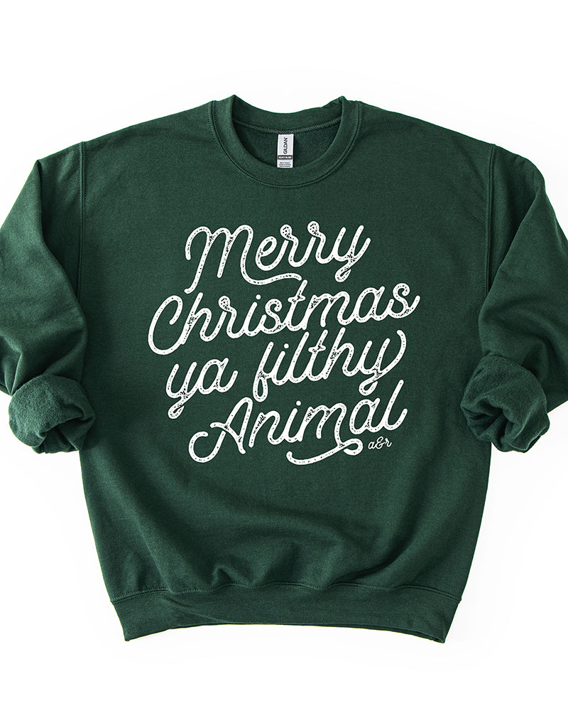 Forest green Merry Christmas Ya Filthy Animal Christmas crewneck sweatshirt with white graphic