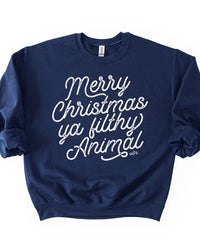 Navy Merry Christmas Ya Filthy Animal unisex Christmas movie sweatshirt with distressed white print