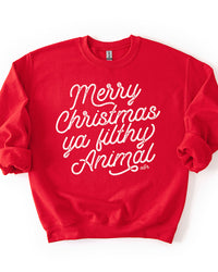 Merry Christmas Ya Filthy Animal red Christmas sweatshirt with distressed white script graphic