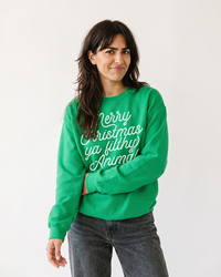 Women's Irish green Merry Christmas Ya Filthy Animal Christmas sweatshirt with white graphic