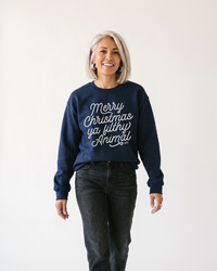 Women's navy Merry Christmas Ya Filthy Animal funny holiday sweatshirt with white script graphic