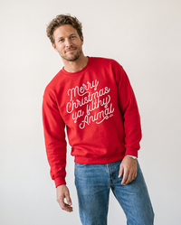 Men's red Merry Christmas Ya Filthy Animal sweatshirt inspired by the classic Home Alone Christmas movie